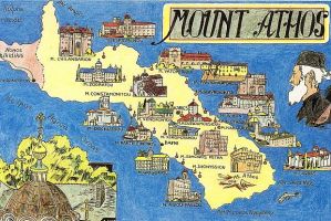 Plano de los 20 monasterios del Monte Athos.