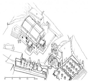 Axonometría. Templos al Norte del arroyo Yordanos. Por Lino Bianchi Barrivera.