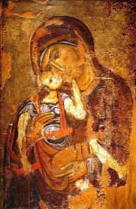 Icono de Virgen con niño, siglo XII. (Museo Cristiano y Bizantino de Atenas).