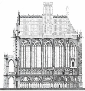 Sección de Sainte-Chapelle. La capilla inferior de poca altura y la superior de gran esbeltez.