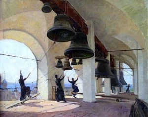 Monjes ortodoxos tocando las campanas.